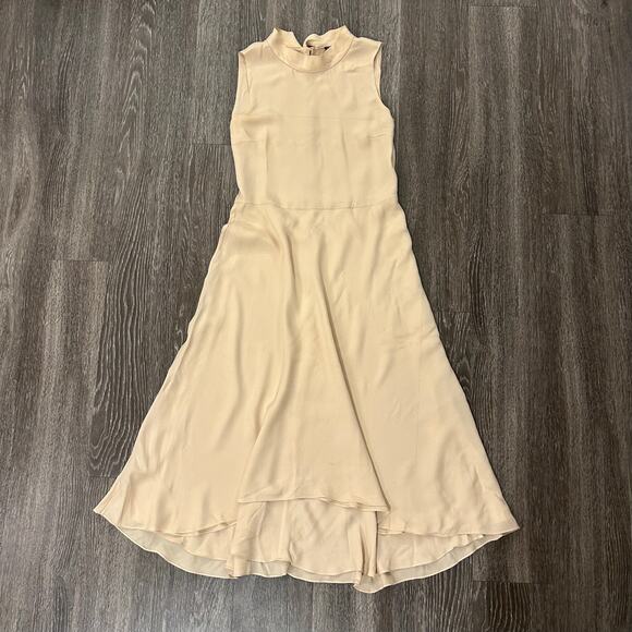 Theory 100% Silk Sleeveless Tie Back Midi Dress High Low Hem Nude Beige Elegant - Picture 5 of 16